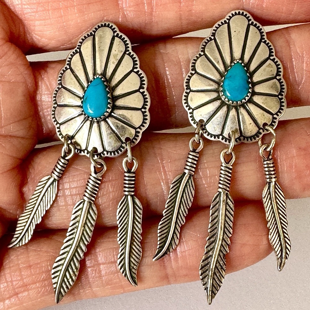 VTG Turquoise Earrings Signed Wheeler Feather Post Dangle Sterling USA Southwest